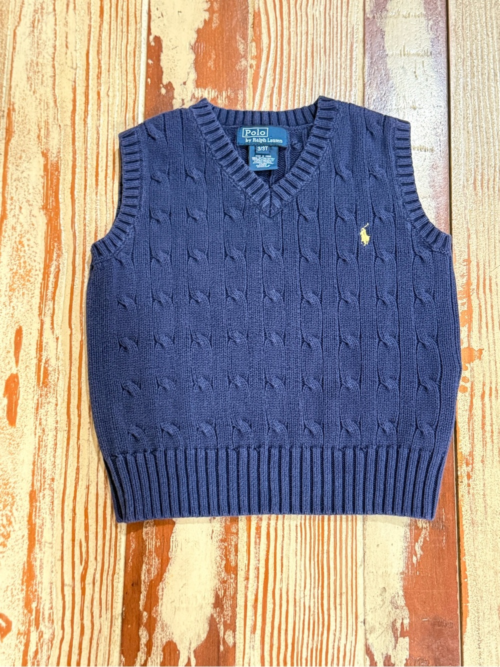 Ralph Lauren Navy Cable-Knit V-Neck Sweater Vest with Yellow Pony 3t